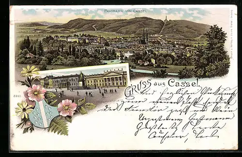 Lithographie Kassel, Gesamtansicht, Friedrichsplatz und Wappen