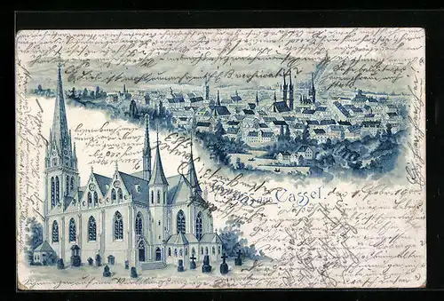 Lithographie Kassel, Ortsansicht aus der Vogelschau, Kirche