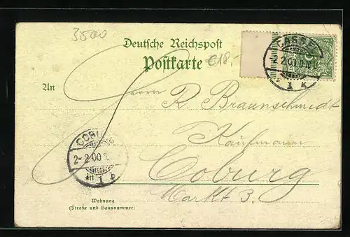 Lithographie Kassel, Ortsansicht aus der Vogelschau, Kirche