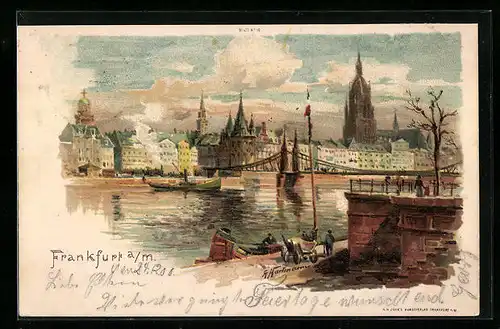 Lithographie Frankfurt a. M., Panorama, Flusspartie mit Dampfer und Brücke