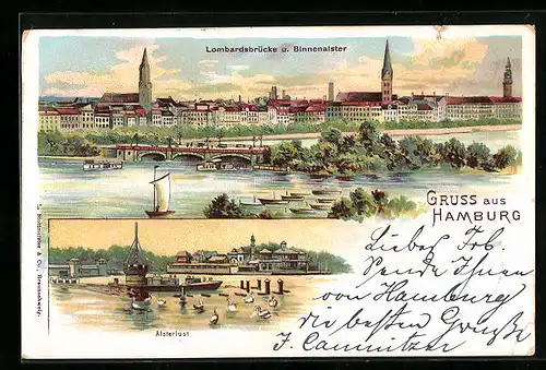 Lithographie Hamburg, Lombardsbrücke und Binnenalster, Gasthaus Alsterlust