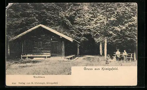 AK Königsfeld, Gäste sitzen am Blockhaus