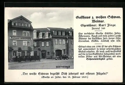 AK Weimar, Gasthaus z. weissen Schwan, das Goethehaus