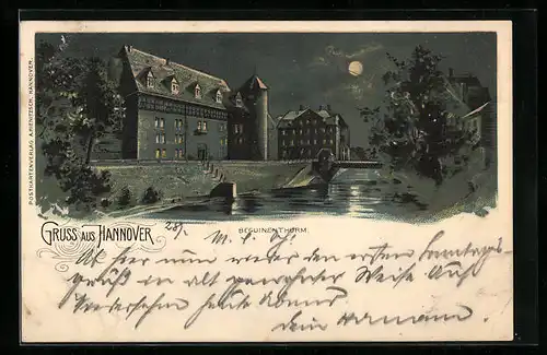 Lithographie Hannover, Beguinenthurm bei Nacht