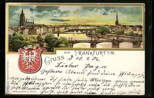 Lithographie Frankfurt a. M., Stadtpanorama bei aufbrechendem Himmel, Wappen