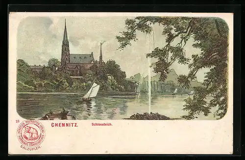Lithographie Chemnitz, Fontaine im Schlossteich, Kirche