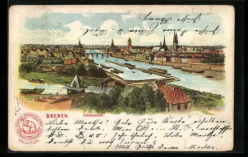 Lithographie Bremen, Totalansicht mit Kirchen