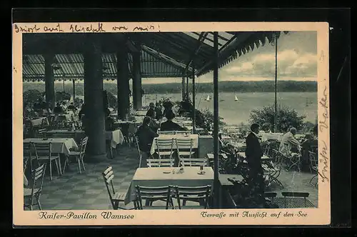 AK Berlin-Wannsee, Cafe Kaiser-Pavillon, Terrasse mit Aussicht auf den See