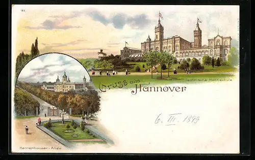 Lithographie Hannover, Herrenhauser-Allee mit Passanten, Technische Hochschule