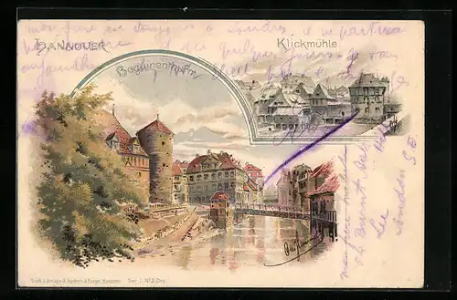 Lithographie Hannover, Flusspartie am Beguinenturm, Klickmühle