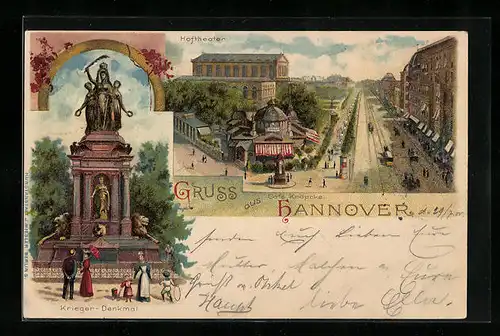 Lithographie Hannover, Strassenpartie mit Hoftheater und Café Kröpke, Krieger-Denkmal