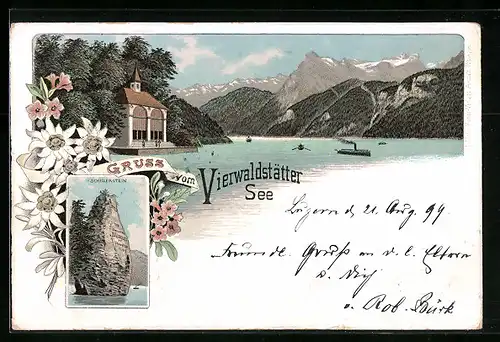 Lithographie Tellskapelle /Vierwaldstättersee, Kapelle am See, Schillerstein