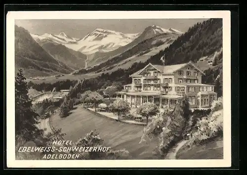 Künstler-AK Adelboden, Hotel Edelweiss-Schweizerhof in idyllischer Berglandschaft