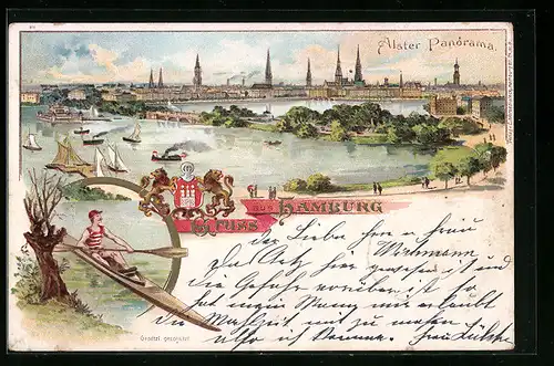 Lithographie Hamburg, Alster Panorama, Kajak-Fahrer