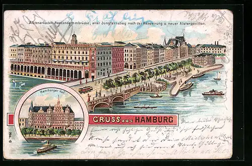 Lithographie Hamburg, Hotel Hamburger Hof, Alsterarkaden-Reesendammbrücke