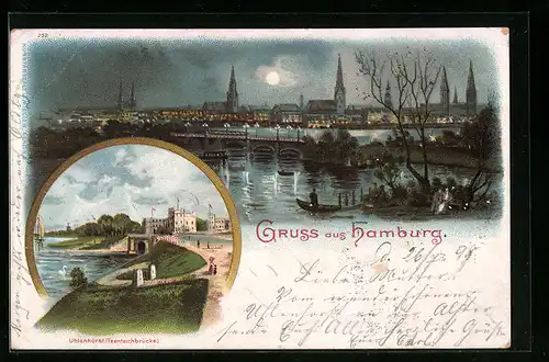 Lithographie Hamburg, Gesamtansicht, Uhlenhorster Feenteichbrücke