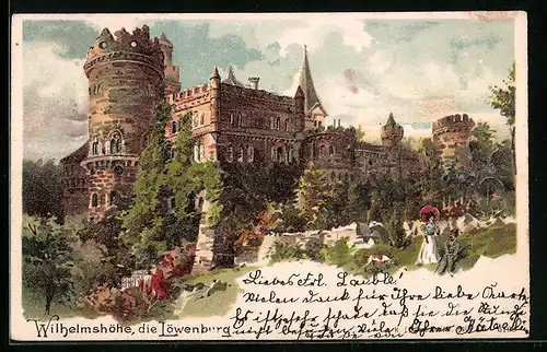 Lithographie Kassel, Blick auf die Burg mit Pärchen