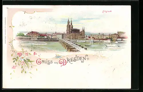 Passepartout-Lithographie Dresden, Altstadt mit Brücke, vom Wasser gesehen