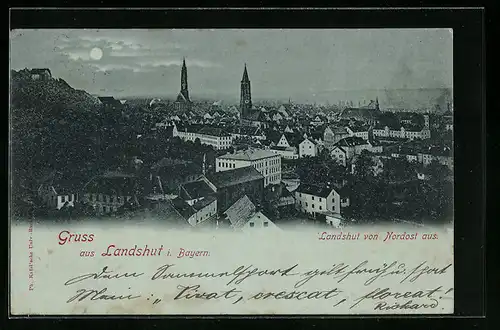 Mondschein-AK Landshut /Bay., Ortsansicht von Nordost