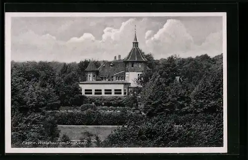 AK Essen, Gaststätte Waldhaus H. Mohr im Stadtpark aus der Vogelschau