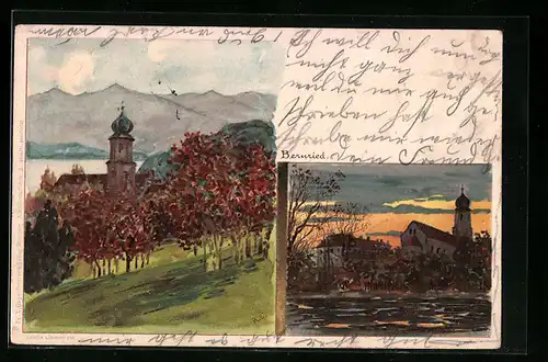 Künstler-AK Bernried, Uferpartie tagsüber und abends