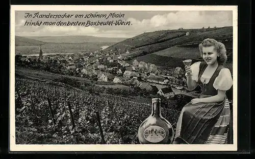 AK Randersacker b. Würzburg, Teilansicht und Frau mit Weinglas, Reklame für Boxbeutel-Wein