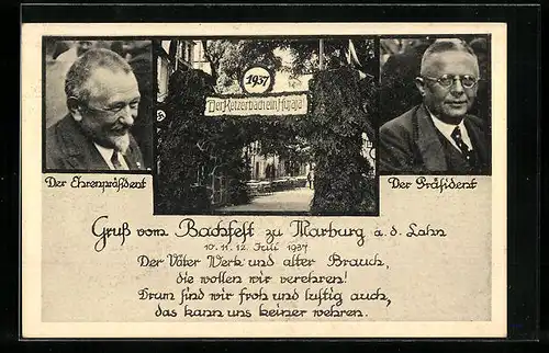 AK Bachfeld zu Marburg, Gasthaus 1937, Ehrenpräsident und Präsident, flagge
