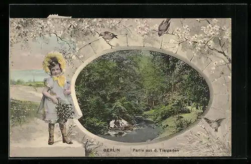 AK Berlin, Partie aus dem Tiergarten, Mädchen mit Zweigen, Passepartout