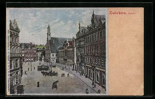 Seiden-Imitations-AK Zwickau, Markt mit Strassenbahn