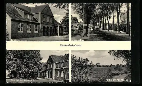 AK Pönitz / Ostholstein, Lindenallee, Schule, Bahnhof mit Ehrenmal