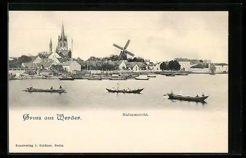 AK Werder, Hafenansicht, Kirche und Mühle