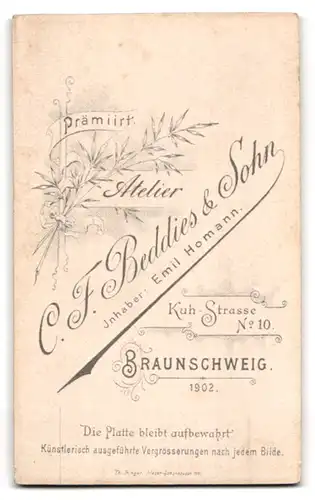 Fotografie C. F. Beddies & Sohn, Braunschweig, Kuh-Strasse 10, Junge Dame in einer gemusterten Bluse mit Brosche