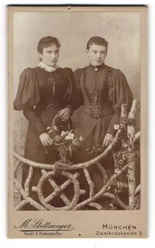 Fotografie M. Stettmeyer, München, Zweibrückenstr. 5, Zwei junge Damen in Kleidern