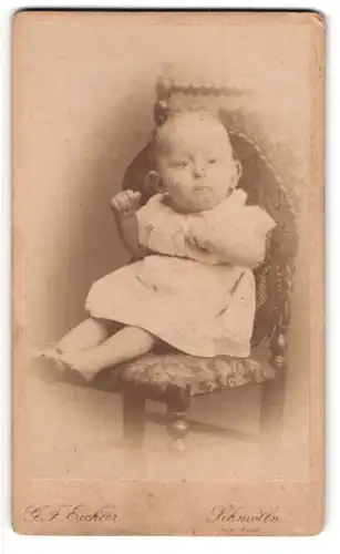 Fotografie G. F. Eichler, Schmölln, Kindchen im Kleidchen sitzt auf Stühlchen