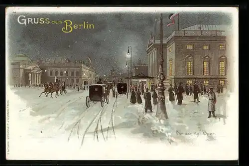 Lithographie Berlin, vor der Kgl. Oper im Winter