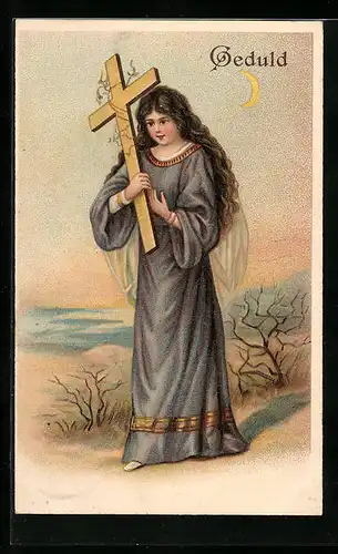AK gläubiges Mädchen im Kleid mit Kreuz, Allegorie