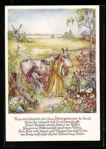 Künstler-AK Sternzeichen Stier, Frau und Junge schmücken Bullen