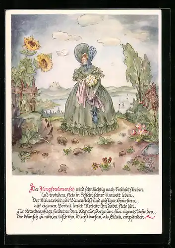 Künstler-AK Sternzeichen Jungfrau, Maid im grünen Kleid