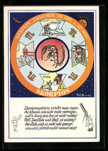Künstler-AK Sternzeichen Skorpion, Charakterzüge