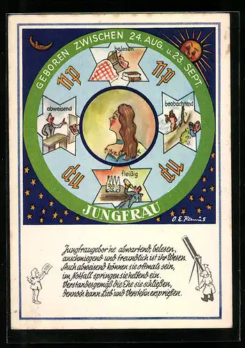 Künstler-AK Jungfraugebor`ne abwartend belesen..., Sternzeichen, Horoskop, Astrologie