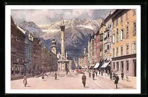 Künstler-AK Innsbruck, Maria Theresienstr. m. Strassenbahn