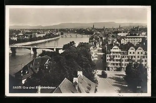 AK Basel, Blick auf die drei Rheinbrücken, Strassenbahn