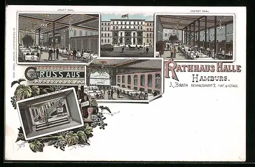 Lithographie Hamburg, Gastwirtschaft Rathhaus-Halle v. J. Brath, Rathhausmarkt 2, Hauptsaal und Oberer Saal