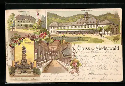 Lithographie Niederwald, Logierhaus, Jagdschloss, Speisesaal, National Denkmal