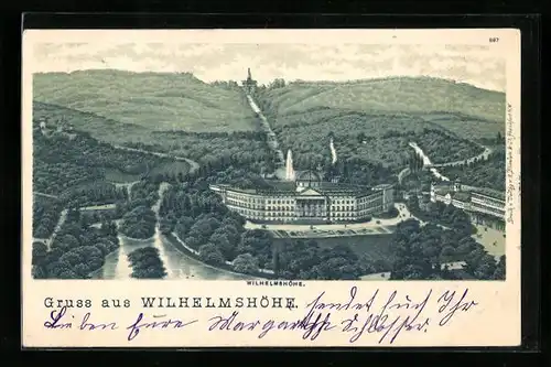 Lithographie Wilhelmshöhe, Gebäude auf der Wilhelmshöhe mit Umgebung aus der Vogelschau