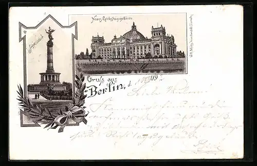 Lithographie Berlin, Siegessäule, Neues Reichstagsgebäude