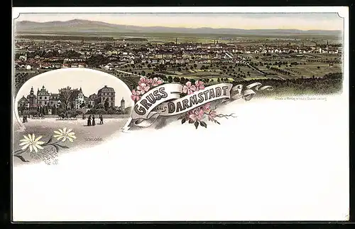 Lithographie Darmstadt, Gesamtansicht, Schloss