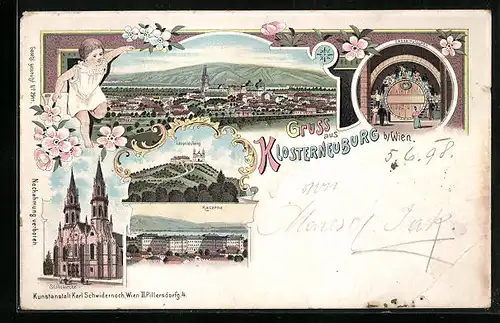 Lithographie Klosterneuburg, Stiftskirche mit Kaserne und Leopoldsberg