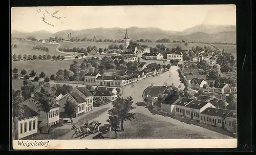 Künstler-AK Weigelsdorf, Ortsansicht mit Kirche