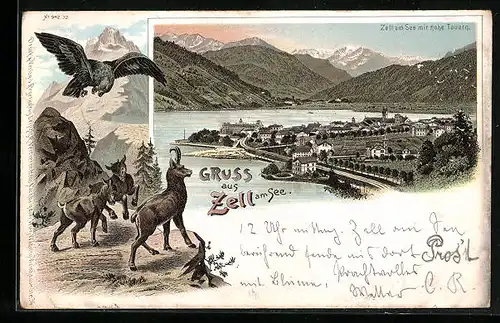 Lithographie Zell a. See, Gesamtansicht mit hohe Tauern